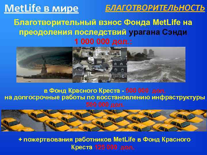 Met. Life в мире БЛАГОТВОРИТЕЛЬНОСТЬ Благотворительный взнос Фонда Met. Life на преодоления последствий урагана