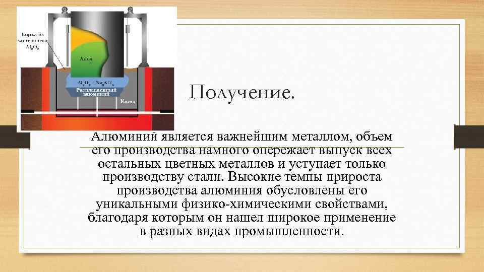 Получение. Алюминий является важнейшим металлом, объем его производства намного опережает выпуск всех остальных цветных