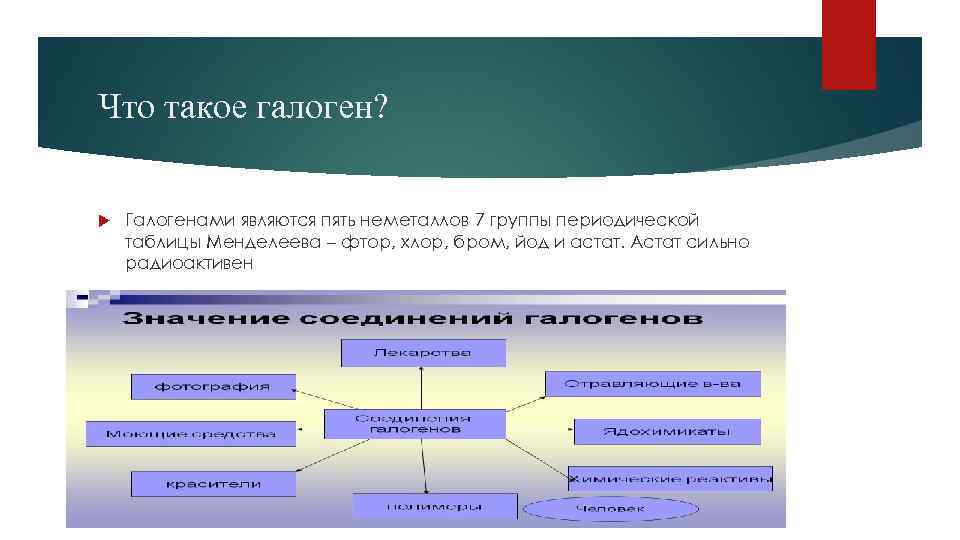 Что такое галоген? Галогенами являются пять неметаллов 7 группы периодической таблицы Менделеева – фтор,
