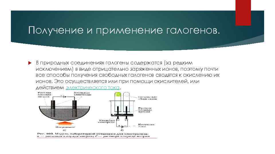 Получение и применение галогенов. В природных соединениях галогены содержатся (за редким исключением) в виде