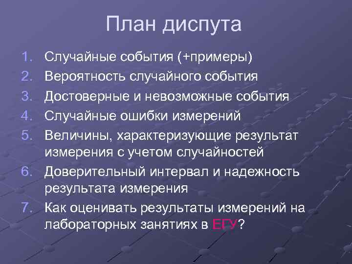 План диспута 1. 2. 3. 4. 5. Случайные события (+примеры) Вероятность случайного события Достоверные