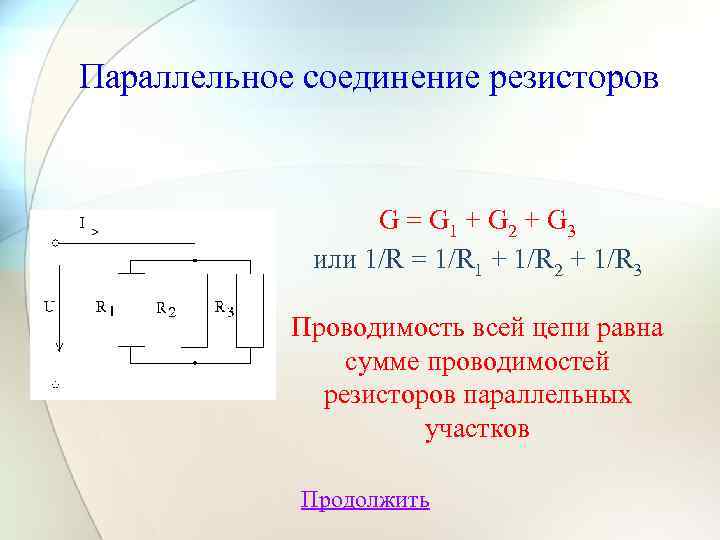 Параллельное соединение резисторов G = G 1 + G 2 + G 3 или