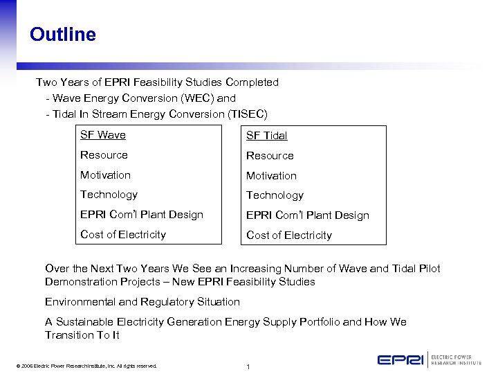 Outline Two Years of EPRI Feasibility Studies Completed - Wave Energy Conversion (WEC) and
