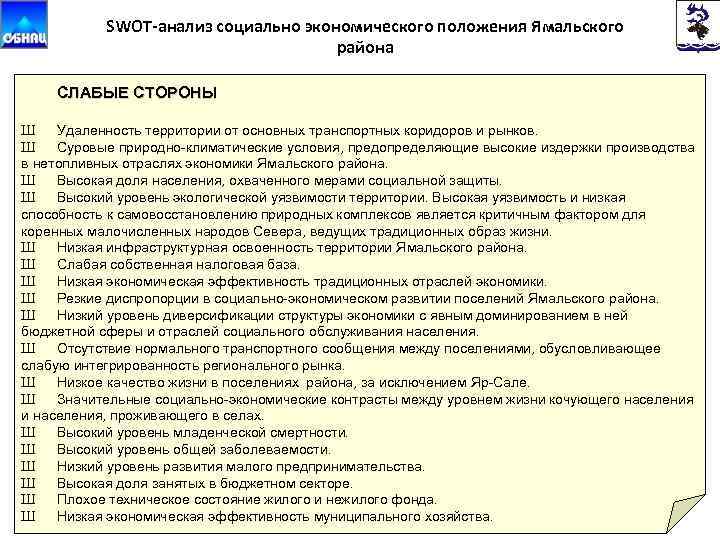 SWOT-анализ социально экономического положения Ямальского района СЛАБЫЕ СТОРОНЫ Ш Удаленность территории от основных транспортных