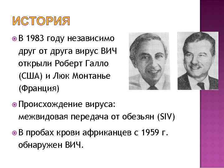 ИСТОРИЯ В 1983 году независимо друг от друга вирус ВИЧ открыли Роберт Галло (США)