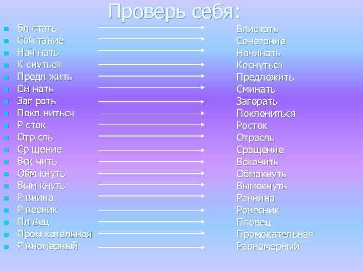 n n n n n Бл стать Соч тание Нач нать К снуться Предл