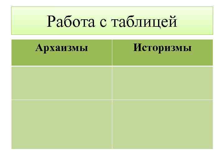 Работа с таблицей Архаизмы Историзмы 