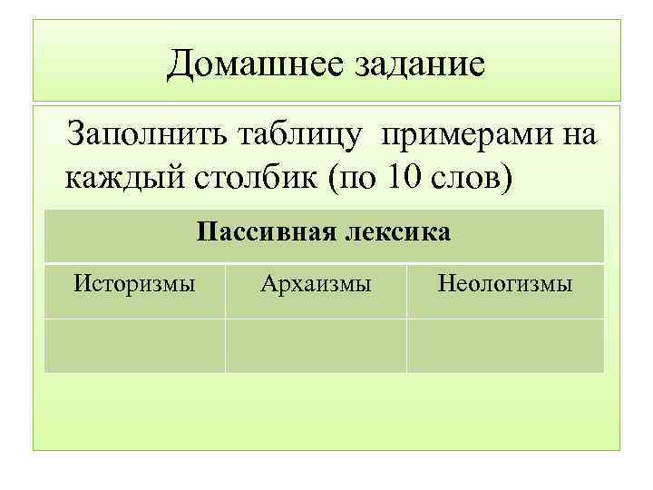 Домашнее задание Заполнить таблицу примерами на каждый столбик (по 10 слов) Пассивная лексика Историзмы