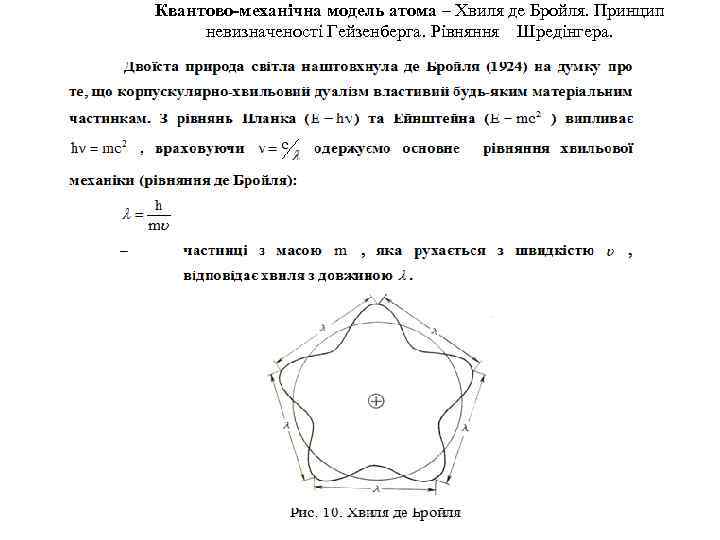 Квантово-механічна модель атома – Хвиля де Бройля. Принцип невизначеності Гейзенберга. Рівняння Шредінгера. 