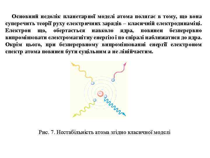 Основний недолік планетарної моделі атома полягає в тому, що вона суперечить теорії руху електричних