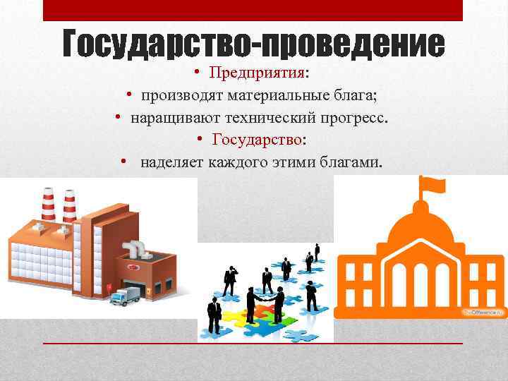Государство-проведение • Предприятия: • производят материальные блага; • наращивают технический прогресс. • Государство: •
