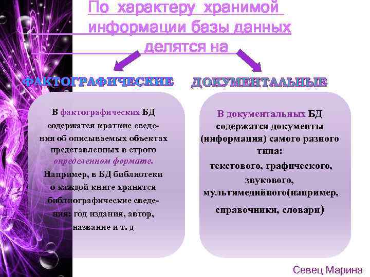 . По характеру хранимой информации базы данных делятся на ФАКТОГРАФИЧЕСКИЕ В фактографических БД содержатся