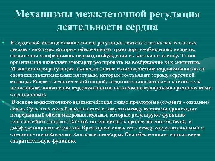 Механизмы межклеточной регуляция деятельности сердца • • В сердечной мышце межклеточная регуляция связана с