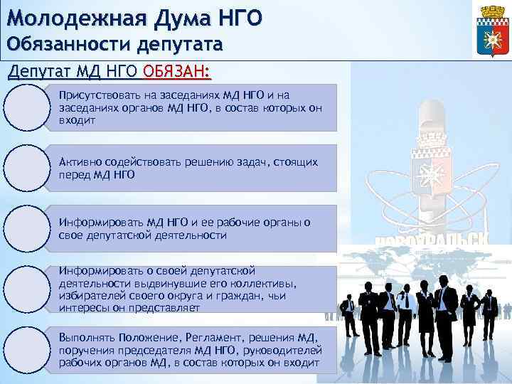 Молодежная Дума НГО Обязанности депутата Депутат МД НГО ОБЯЗАН: Присутствовать на заседаниях МД НГО
