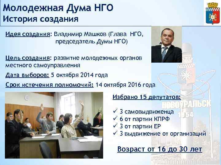 Молодежная Дума НГО История создания Идея создания: Владимир Машков (Глава НГО, председатель Думы НГО)