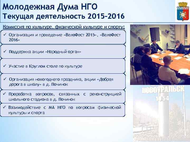 Молодежная Дума НГО Текущая деятельность 2015 -2016 Комиссия по культуре, физической культуре и спорту: