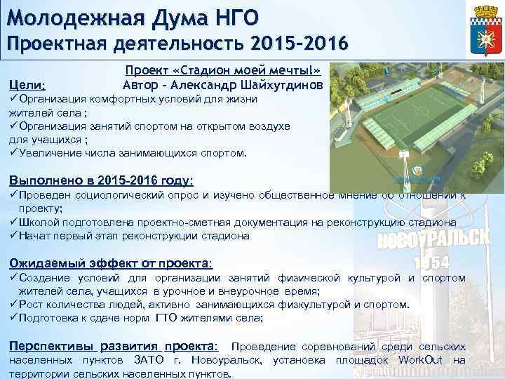 Молодежная Дума НГО Проектная деятельность 2015 -2016 Цели: Проект «Стадион моей мечты!» Автор –