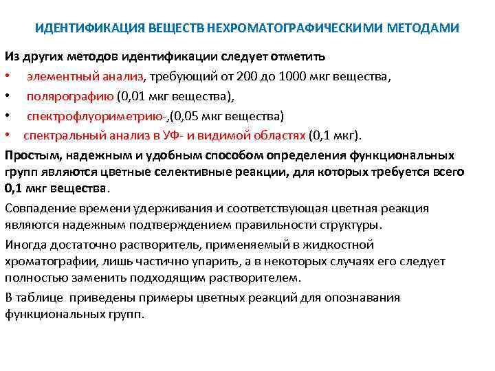 ИДЕНТИФИКАЦИЯ ВЕЩЕСТВ НЕХРОМАТОГРАФИЧЕСКИМИ МЕТОДАМИ Из других методов идентификации следует отметить • элементный анализ, требующий