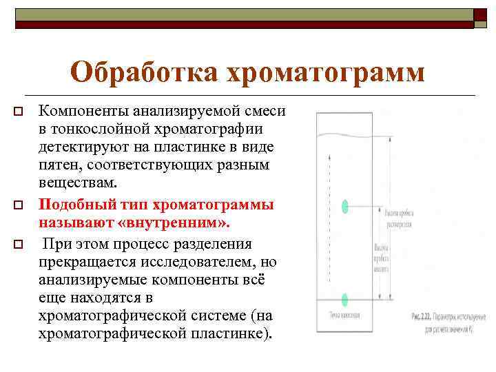 Обработка хроматограмм o o o Компоненты анализируемой смеси в тонкослойной хроматографии детектируют на пластинке