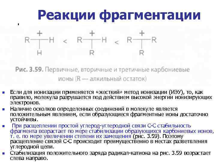 Реакции фрагментации n n Если для ионизации применяется «жесткий» метод ионизации (ИЭУ), то, как