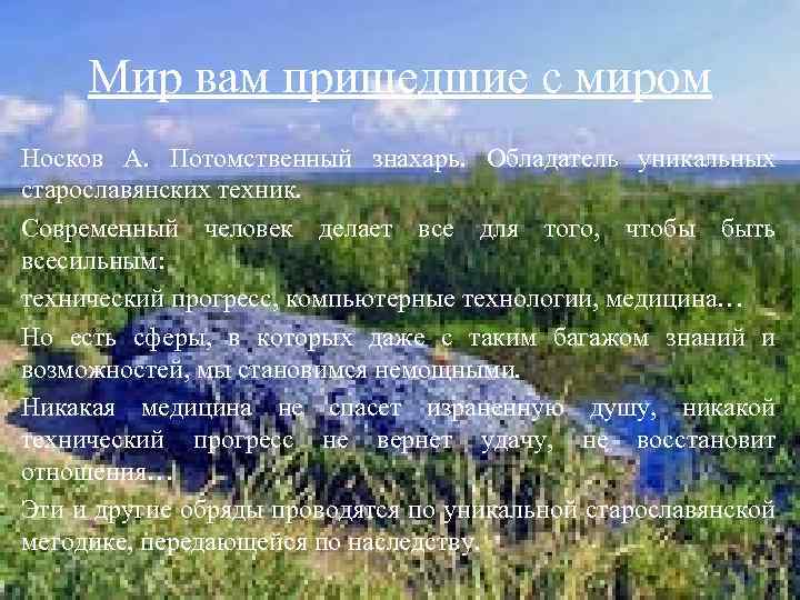 Мир вам пришедшие с миром Носков А. Потомственный знахарь. Обладатель уникальных старославянских техник. Современный
