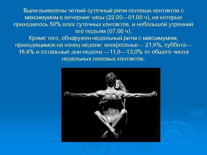 Были выявлены четкий суточный ритм половых контактов с максимумом в вечерние часы (22. 00—