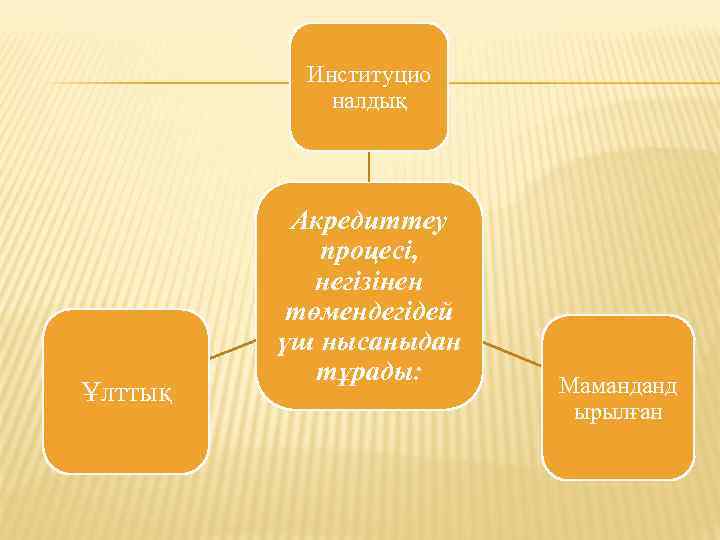 Институцио налдық Ұлттық Акредиттеу процесі, негізінен төмендегідей үш нысаныдан тұрады: Маманданд ырылған 