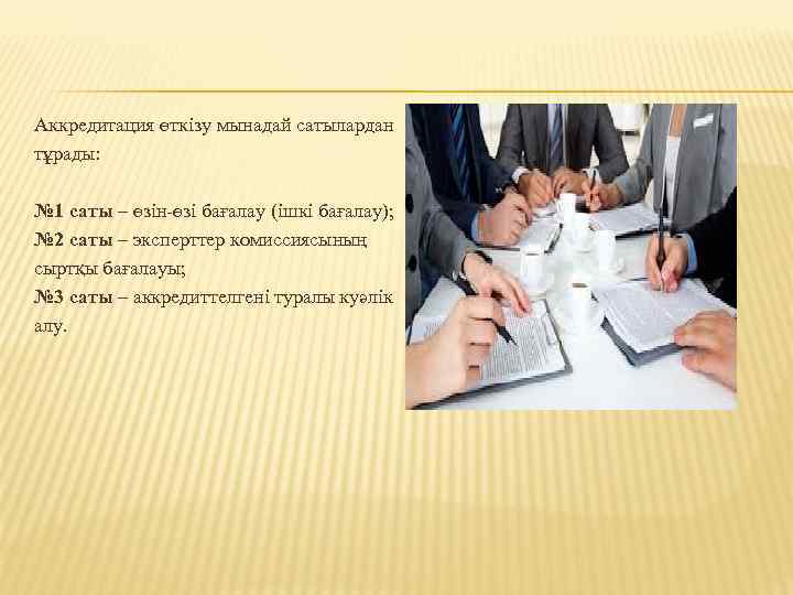 Аккредитация өткізу мынадай сатылардан тұрады: № 1 саты – өзін-өзі бағалау (ішкі бағалау); №