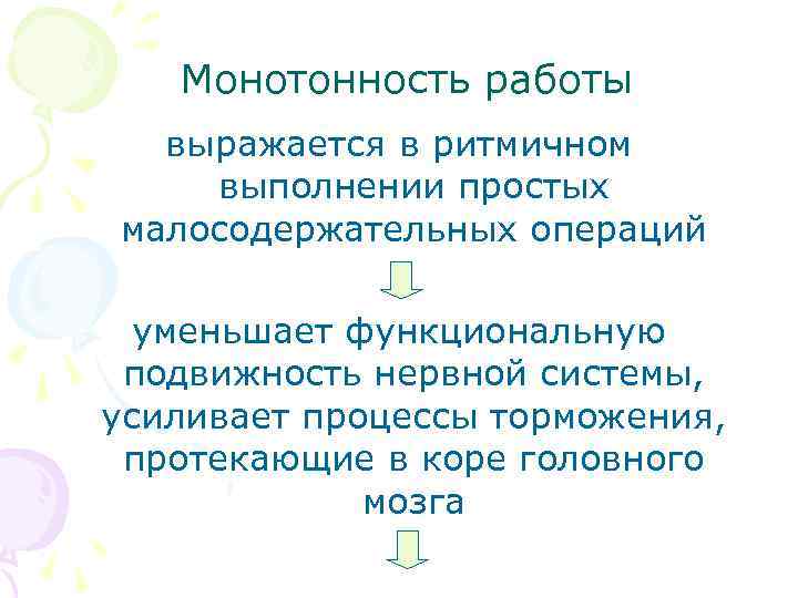 Монотонность работы выражается в ритмичном выполнении простых малосодержательных операций уменьшает функциональную подвижность нервной системы,