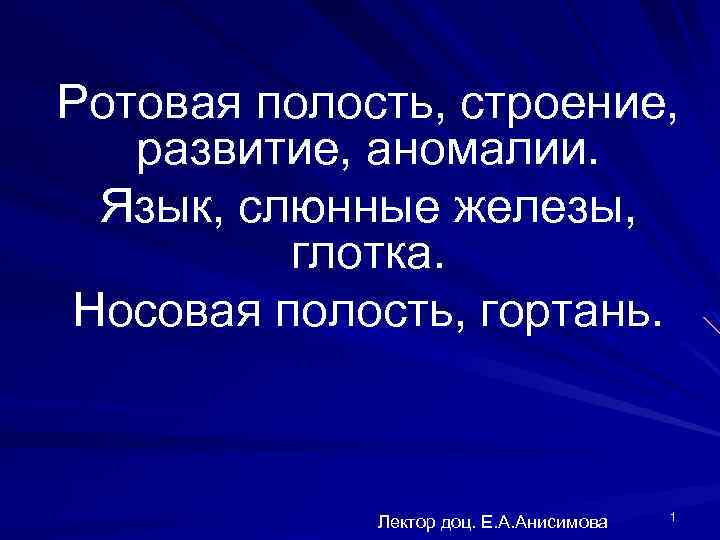 Ротовая полость, строение, развитие, аномалии. Язык, слюнные железы, глотка. Носовая полость, гортань. Лектор доц.