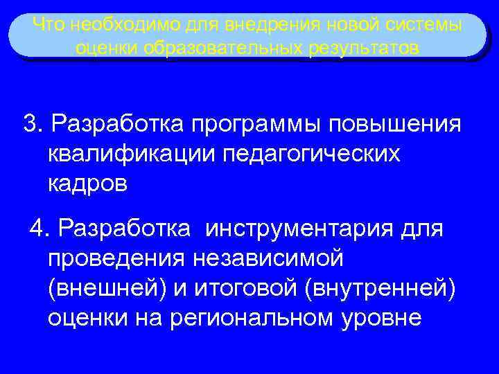 Что необходимо для внедрения новой системы оценки образовательных результатов 3. Разработка программы повышения квалификации