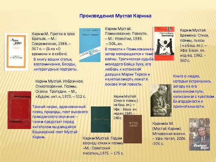 Произведения Мустая Карима Карим М. Притча о трех братьях. – М. : Современник, 1988.