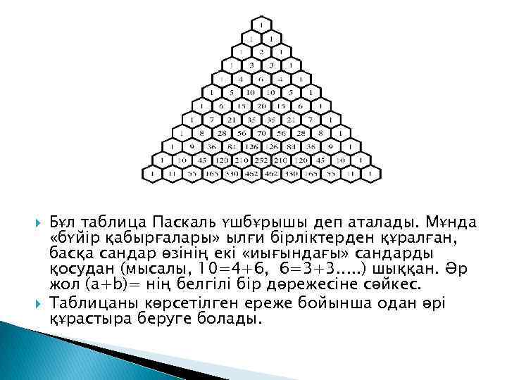  Бұл таблица Паскаль үшбұрышы деп аталады. Мұнда «бүйір қабырғалары» ылғи бірліктерден құралған, басқа