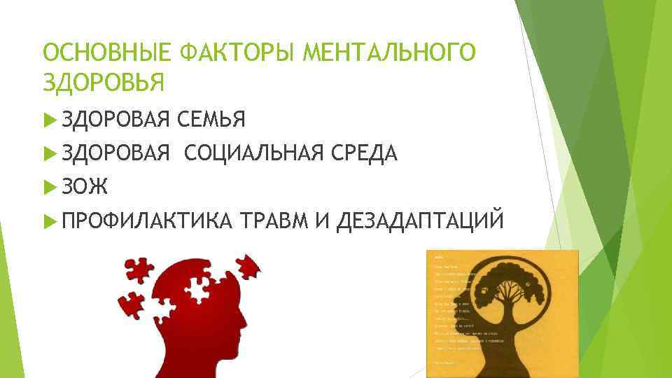 ОСНОВНЫЕ ФАКТОРЫ МЕНТАЛЬНОГО ЗДОРОВЬЯ ЗДОРОВАЯ СЕМЬЯ СОЦИАЛЬНАЯ СРЕДА ЗОЖ ПРОФИЛАКТИКА ТРАВМ И ДЕЗАДАПТАЦИЙ 