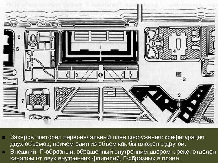 n n Захаров повторил первоначальный план сооружения: конфигурация двух объемов, причем один из объем