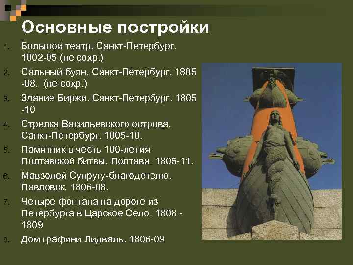 Основные постройки 1. 2. 3. 4. 5. 6. 7. 8. Большой театр. Санкт-Петербург. 1802