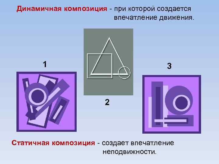 Динамичная композиция - при которой создается впечатление движения. 1 3 2 Статичная композиция -