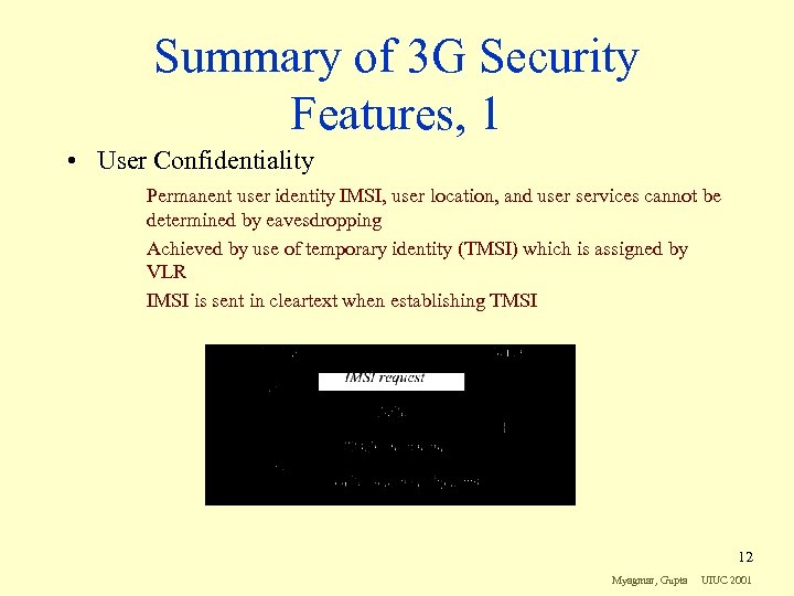 Summary of 3 G Security Features, 1 • User Confidentiality Permanent user identity IMSI,