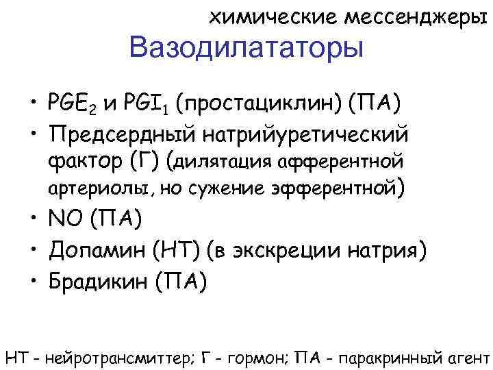 химические мессенджеры Вазодилататоры • PGE 2 и PGI 1 (простациклин) (ПА) • Предсердный натрийуретический