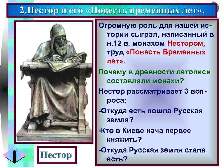 Меню 2. Нестор и его «Повесть временных лет» . Нестор Огромную роль для нашей