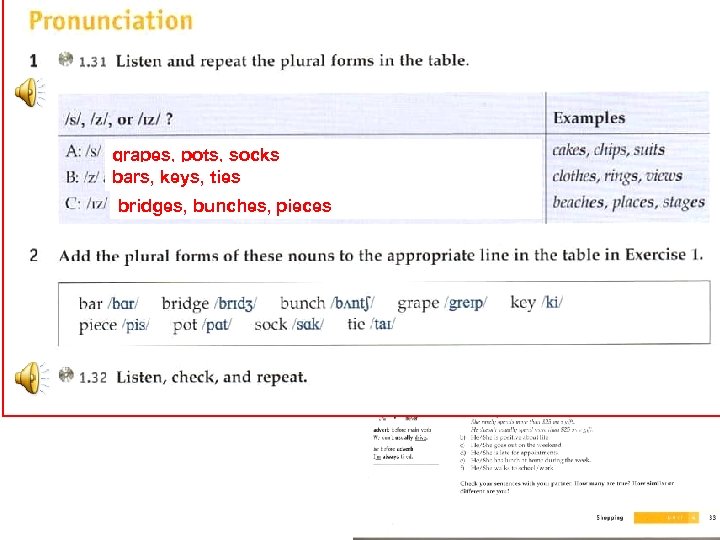 grapes, pots, socks bars, keys, ties bridges, bunches, pieces 