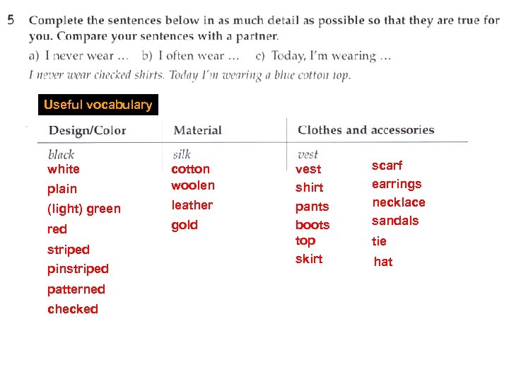 Useful vocabulary white plain cotton woolen (light) green leather red gold striped pinstriped patterned
