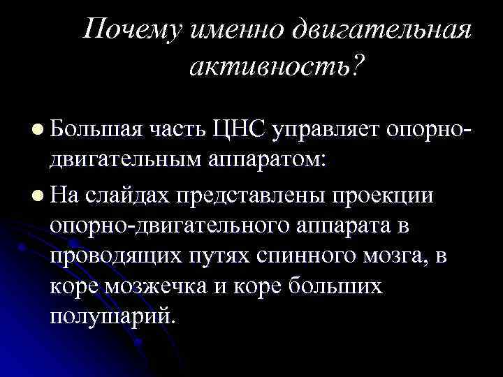 Почему именно двигательная активность? l Большая часть ЦНС управляет опорно- двигательным аппаратом: l На