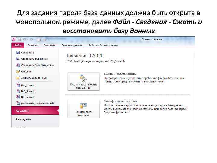 Для задания пароля база данных должна быть открыта в монопольном режиме, далее Файл -