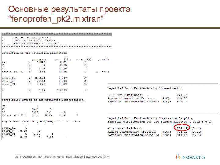Основные результаты проекта “fenoprofen_pk 2. mlxtran” 33 | Presentation Title | Presenter Name |