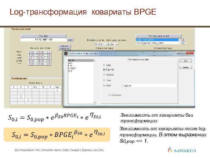 Log-трансформация ковариаты BPGE Зависимость от ковариаты без трансформации Зависимость от ковариаты после logтрансформации. В