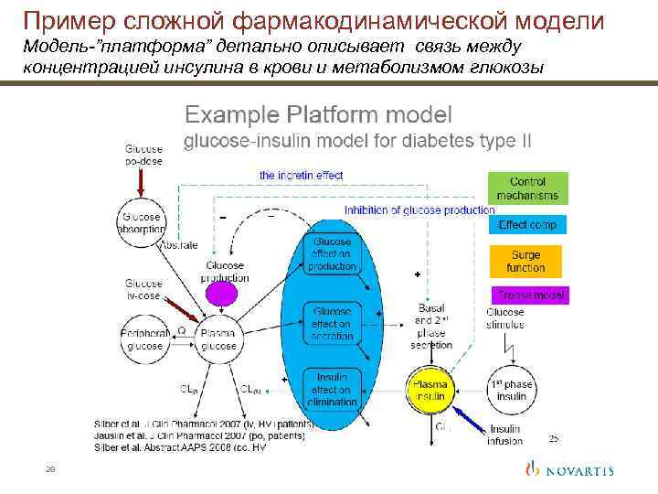 Пример сложной фармакодинамической модели Модель-”платформа” детально описывает связь между концентрацией инсулина в крови и