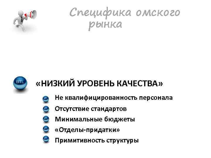 Специфика омского рынка «НИЗКИЙ УРОВЕНЬ КАЧЕСТВА» Не квалифицированность персонала Отсутствие стандартов Минимальные бюджеты «Отделы-придатки»