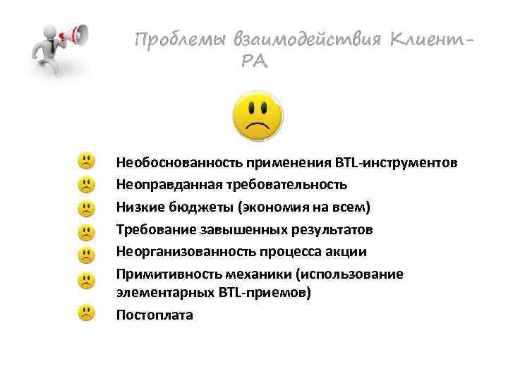Проблемы взаимодействия Клиент. РА Необоснованность применения BTL-инструментов Неоправданная требовательность Низкие бюджеты (экономия на всем)