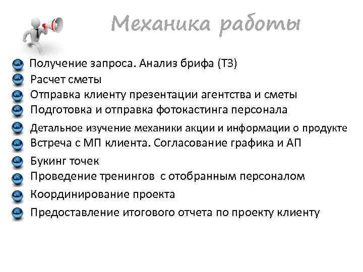 Механика работы Получение запроса. Анализ брифа (ТЗ) Расчет сметы Отправка клиенту презентации агентства и